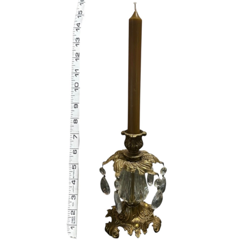 Brass and Glass Candle Holder With Hanging Crystals