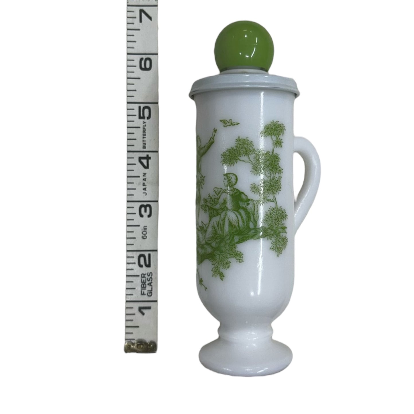 1960s Avon Milk Opaque Pedestal
Glass Cup With Green Toile Lid