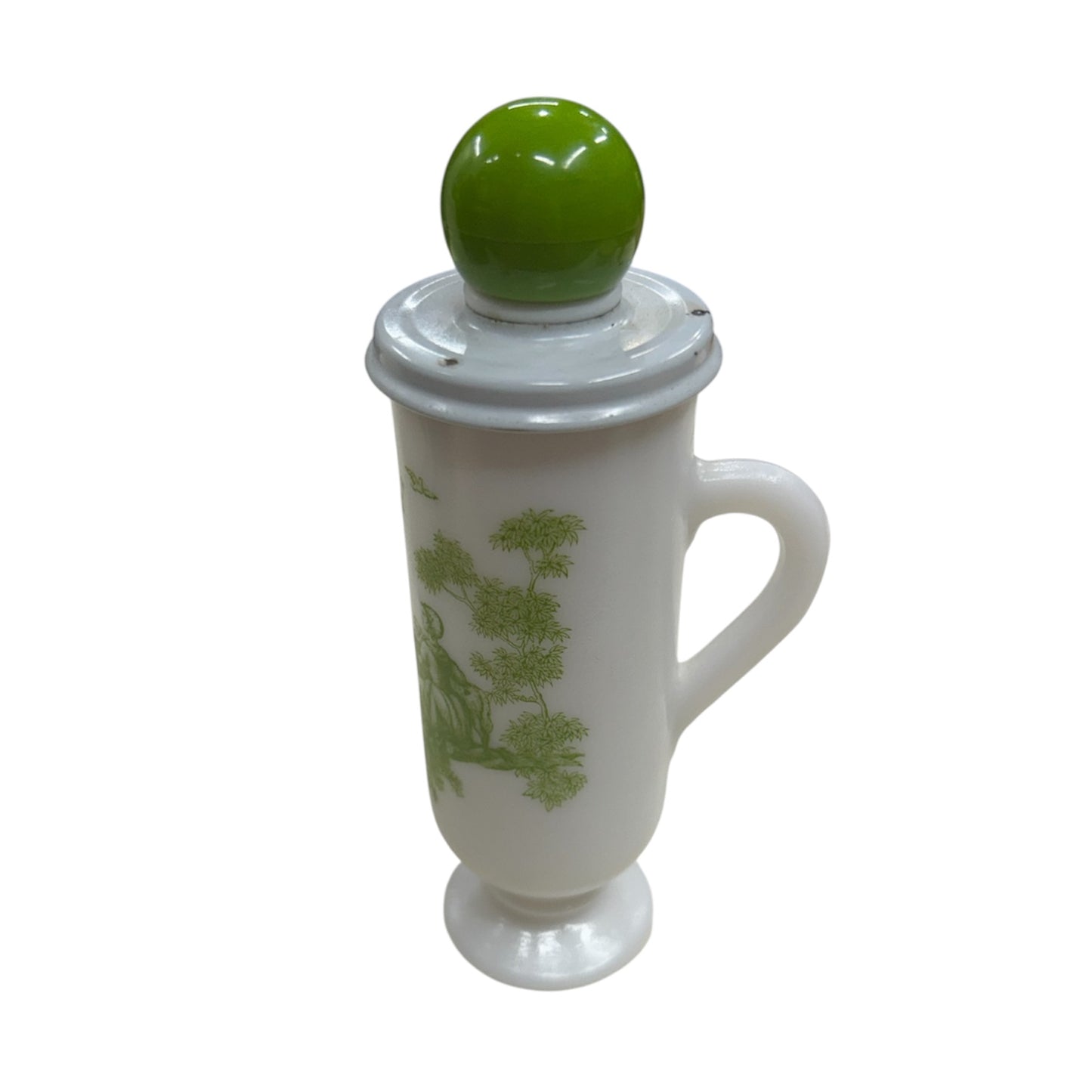 1960s Avon Milk Opaque Pedestal
Glass Cup With Green Toile Lid