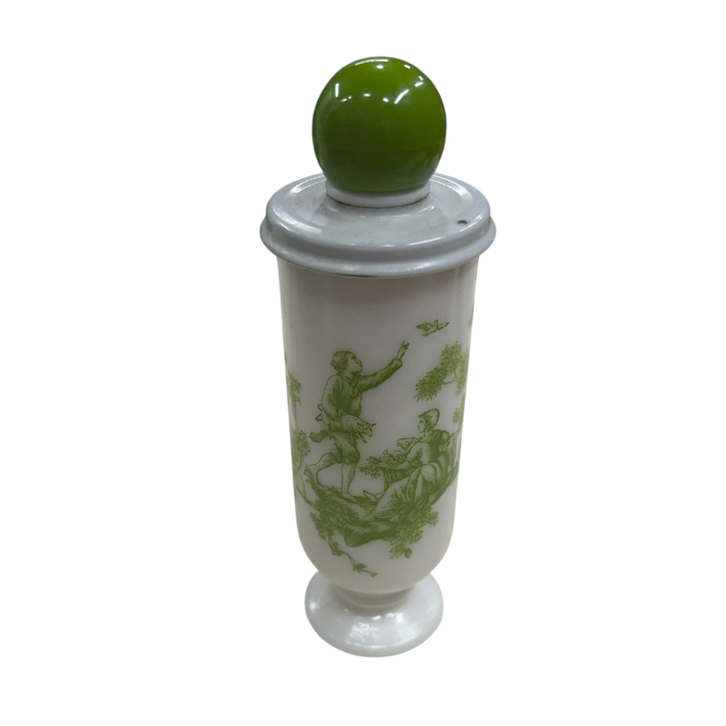 1960s Avon Milk Opaque Pedestal
Glass Cup With Green Toile Lid