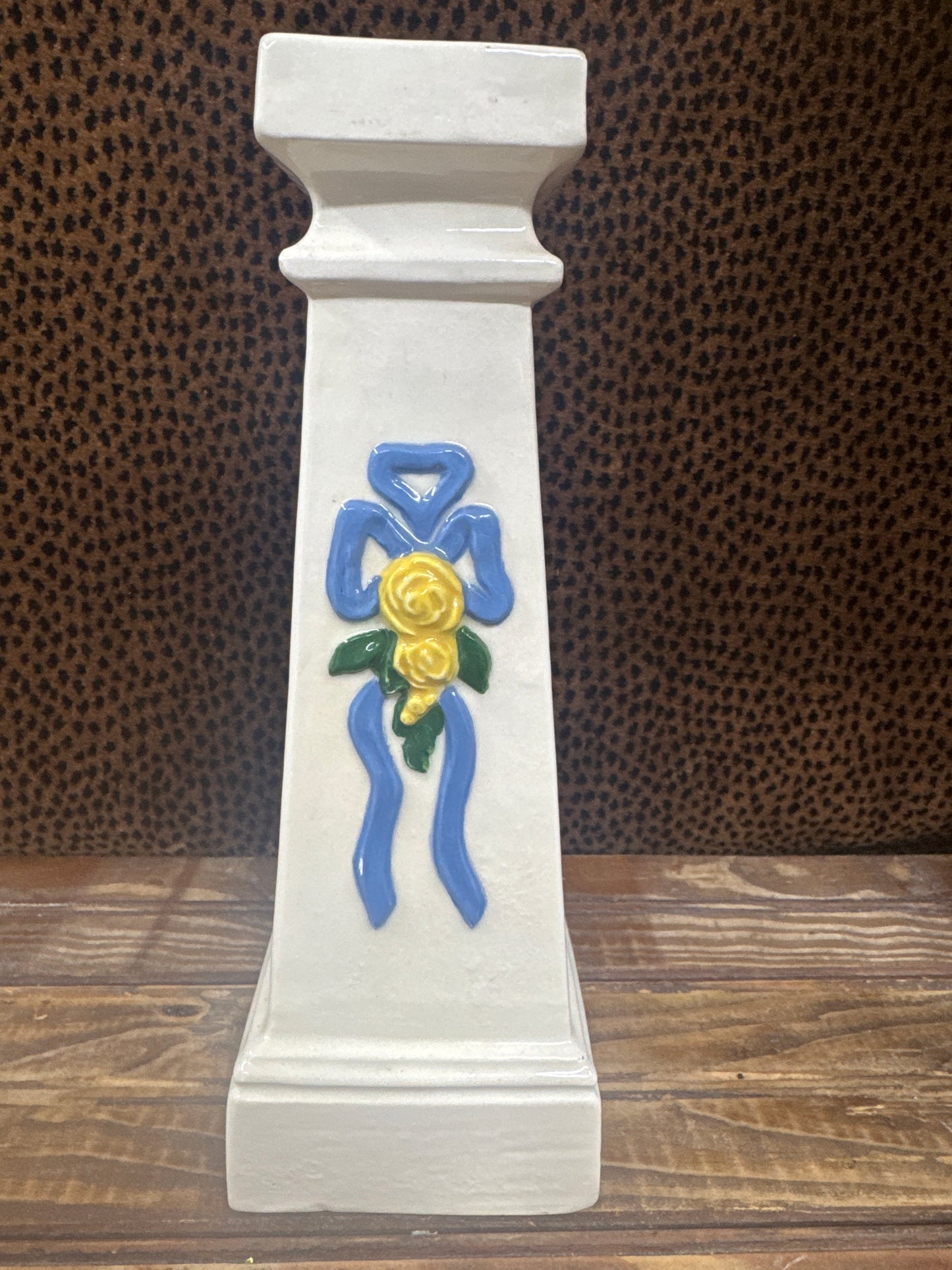 White Ceramic Blue Bow Candle Pedestal - Vintage