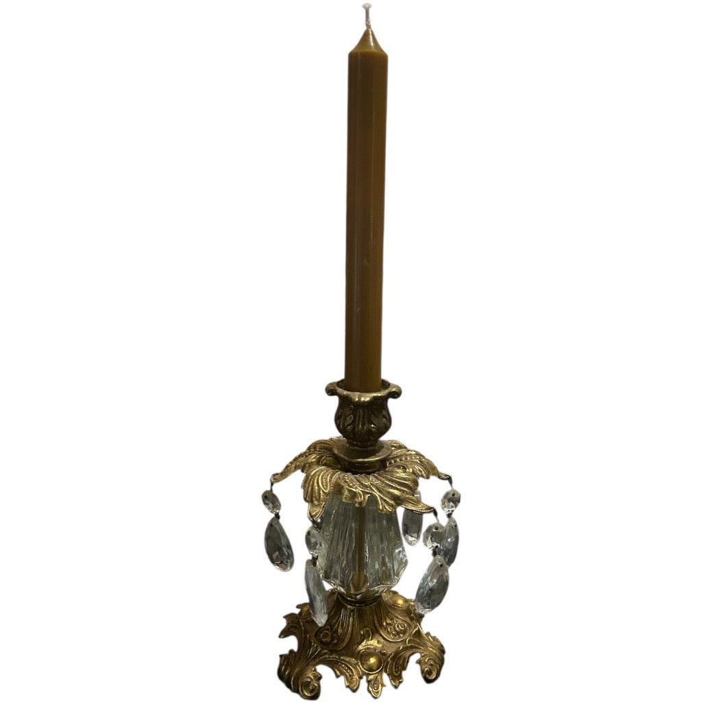 Brass and Glass Candle Holder With Hanging Crystals