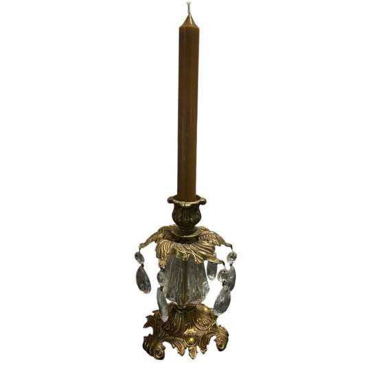 Brass and Glass Candle Holder With Hanging Crystals