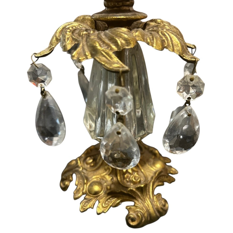 Brass and Glass Candle Holder With Hanging Crystals