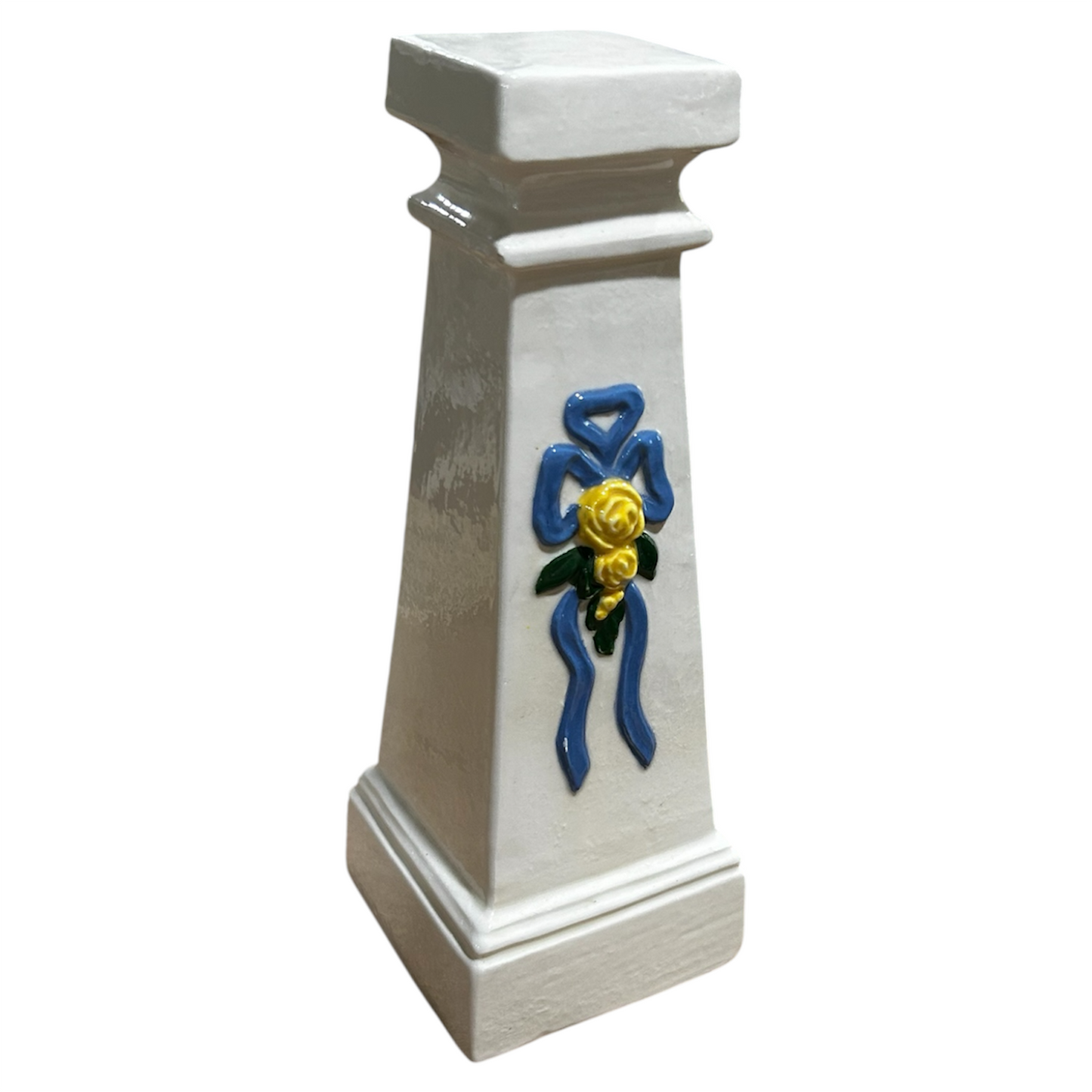 White Ceramic Blue Bow Candle Pedestal - Vintage