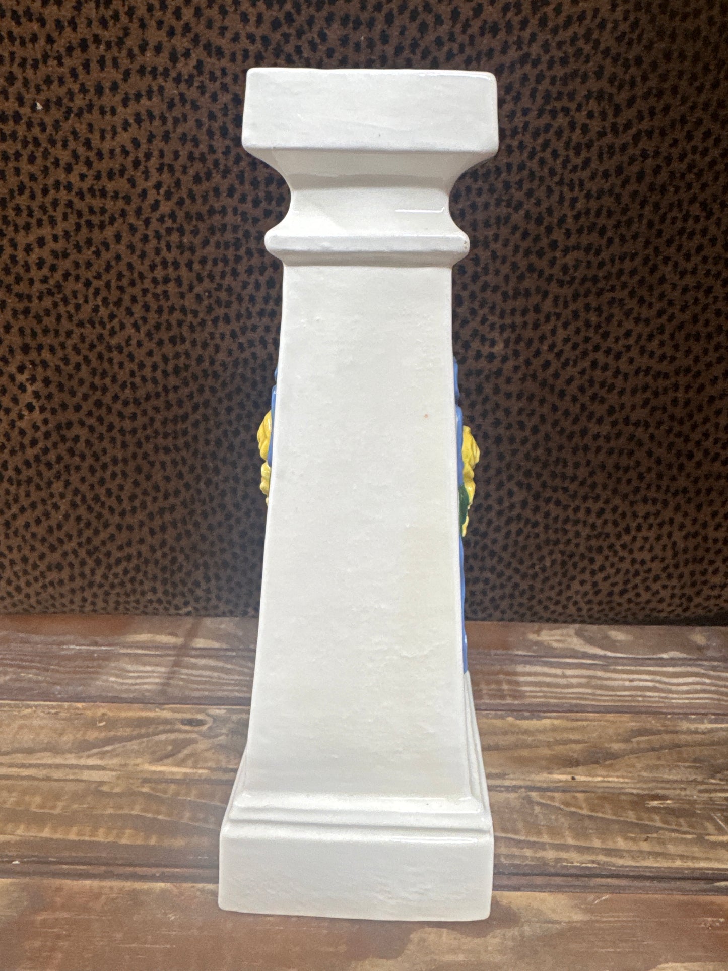 White Ceramic Blue Bow Candle Pedestal - Vintage