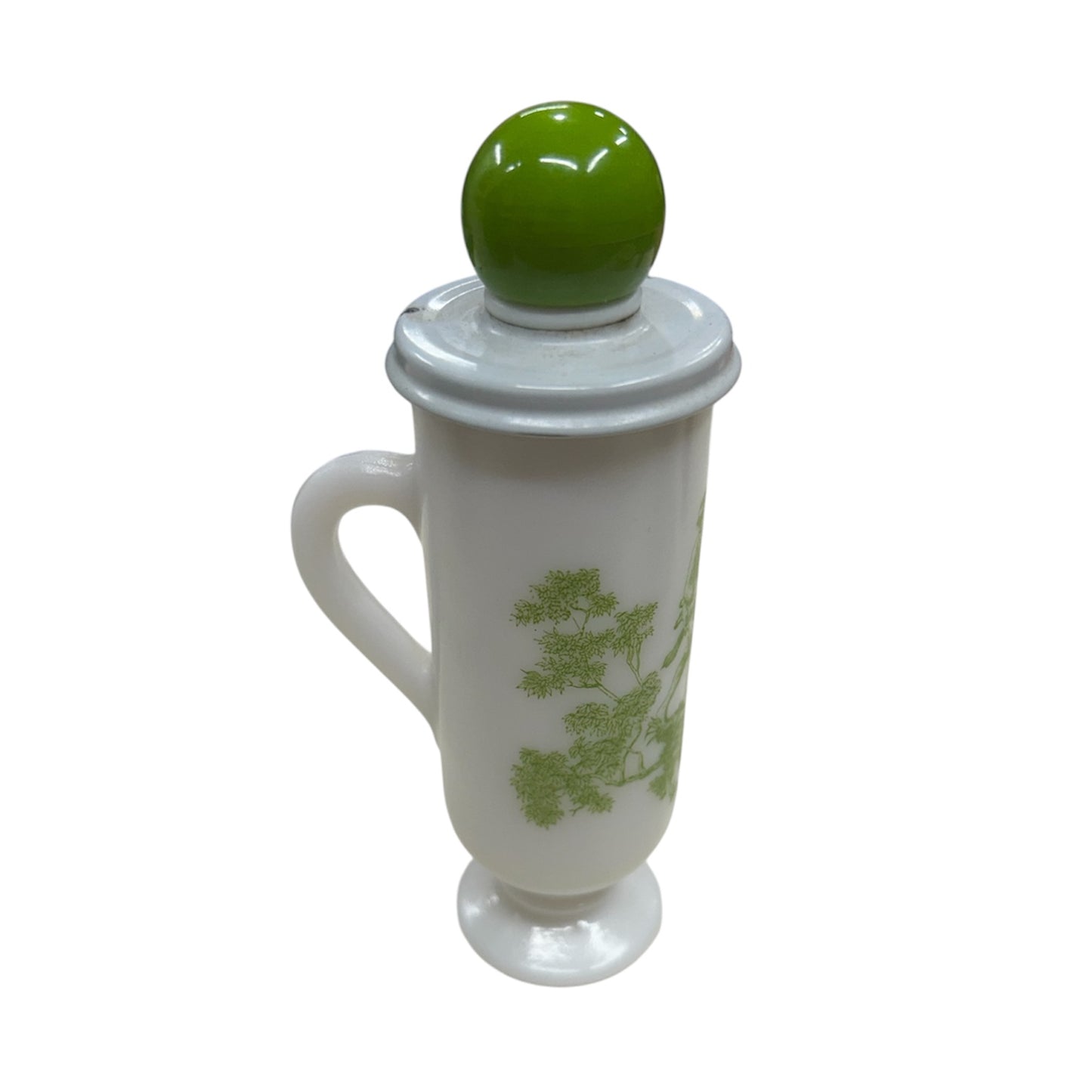 1960s Avon Milk Opaque Pedestal
Glass Cup With Green Toile Lid